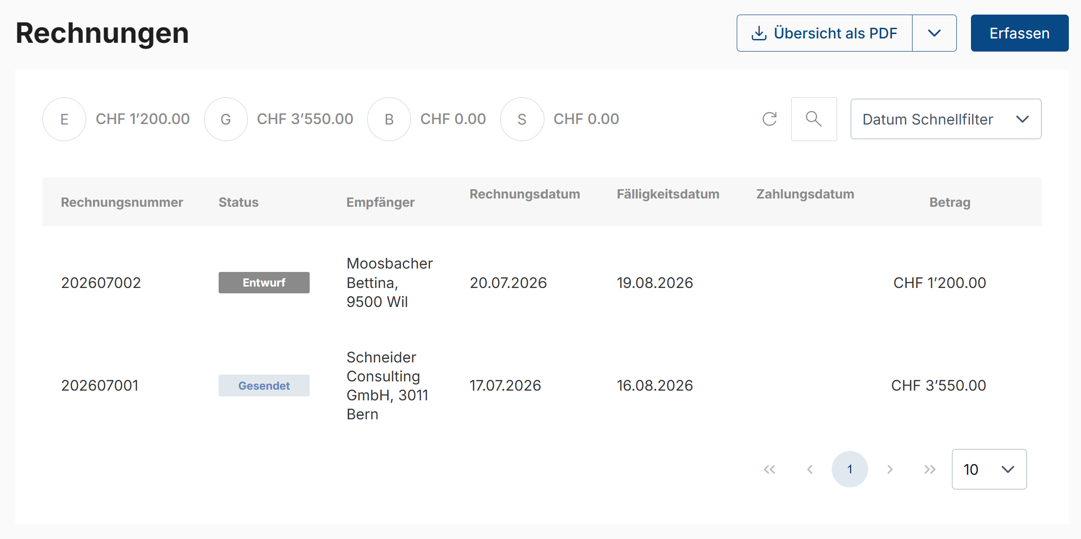 Rechnungsübersicht mit Status und Suche